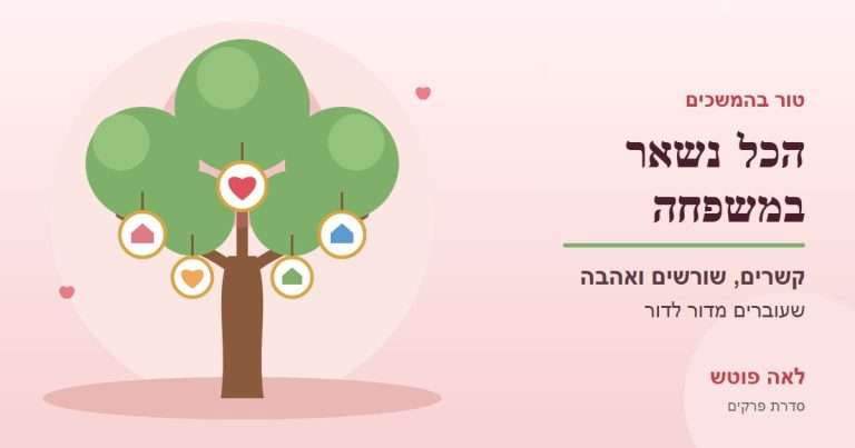 כריכה לסדרה "הכל נשאר במשפחה": עץ משפחה ועליו מסגרות עם בתים ולבבות – לאה פוטש